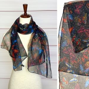 J&X NY Silk Chiffon Oblong Scarf Black Sheer Butterfly Print Hand Rolled 21x56"